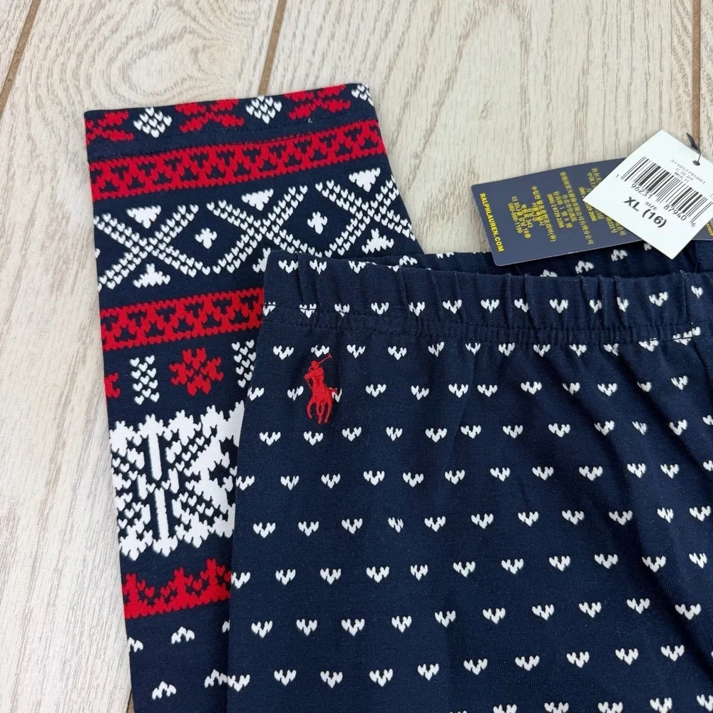 Polo Ralph Lauren Girls Fair Isle Stretch Jersey Legging XL 16 Navy & Red $40